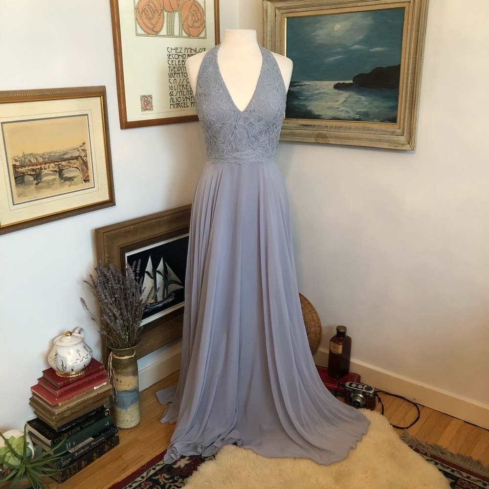Dessy Gray Evening Gown With Lace Halter Bodice (Size 10)